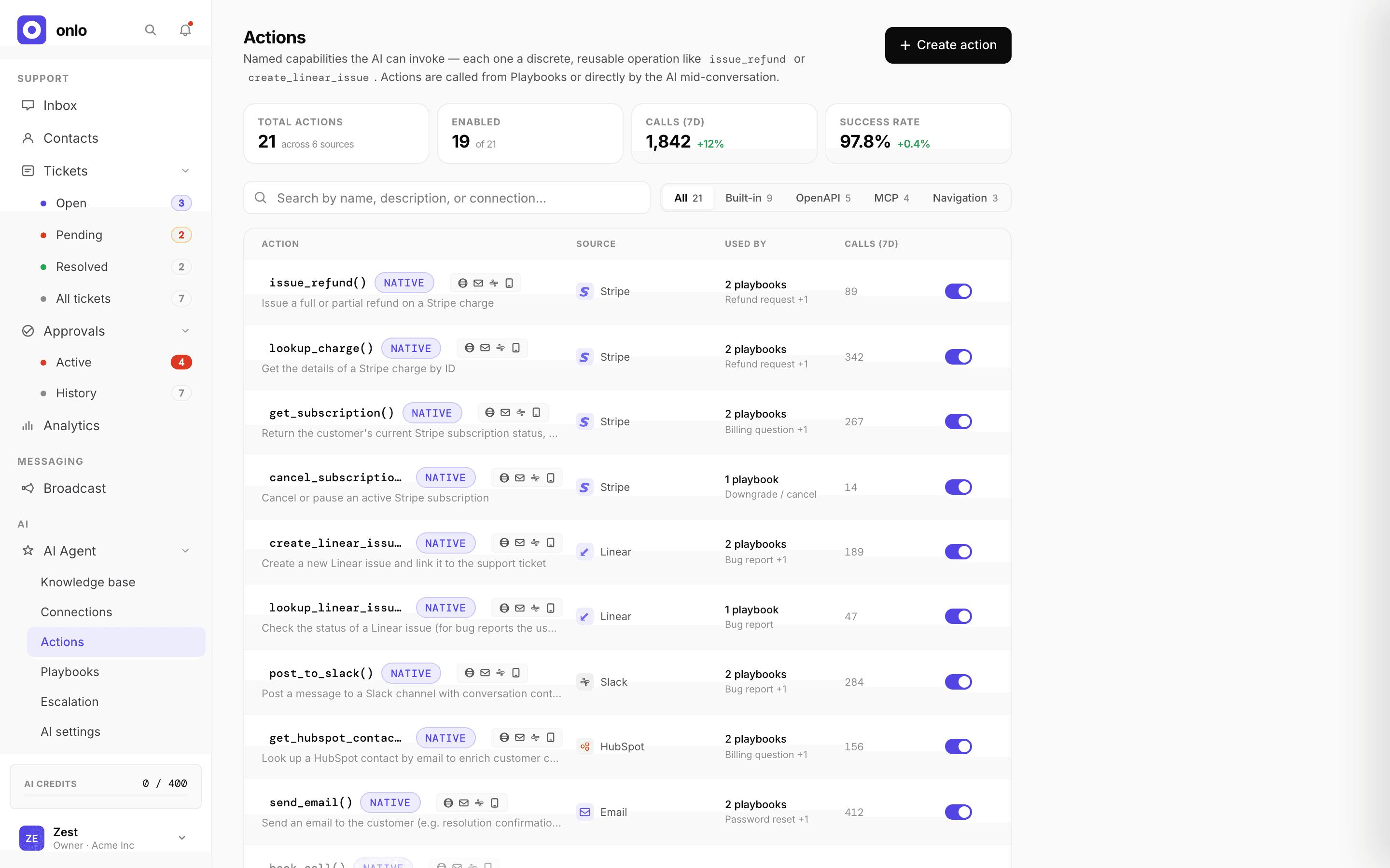 Onlo Actions screen showing auto-generated actions with risk tags